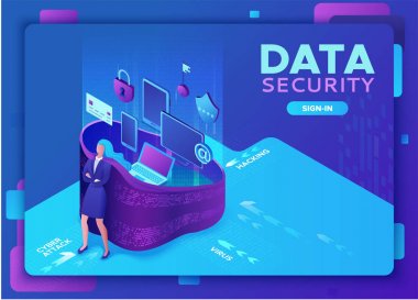 Veri koruma kavramı, siber güvenlik 3d izometrik vektör çizim, güvenlik duvarı saldırı, kimlik avı dolandırıcılığı, bilgi güvenliği, dizüstü, bilgisayar, banka kartı 