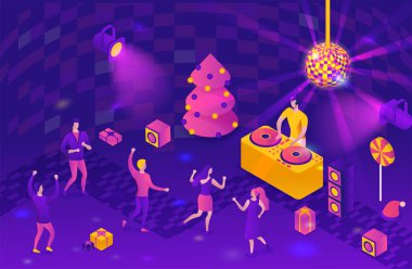 Yeni yıl partisi 3d izometrik illüstrasyon, dj club disko müzik, insanlar dans, noel ağacı, mevcut, tatil afişi, gece kış olay vektör kavramı, mor, sarı, pembe renkler