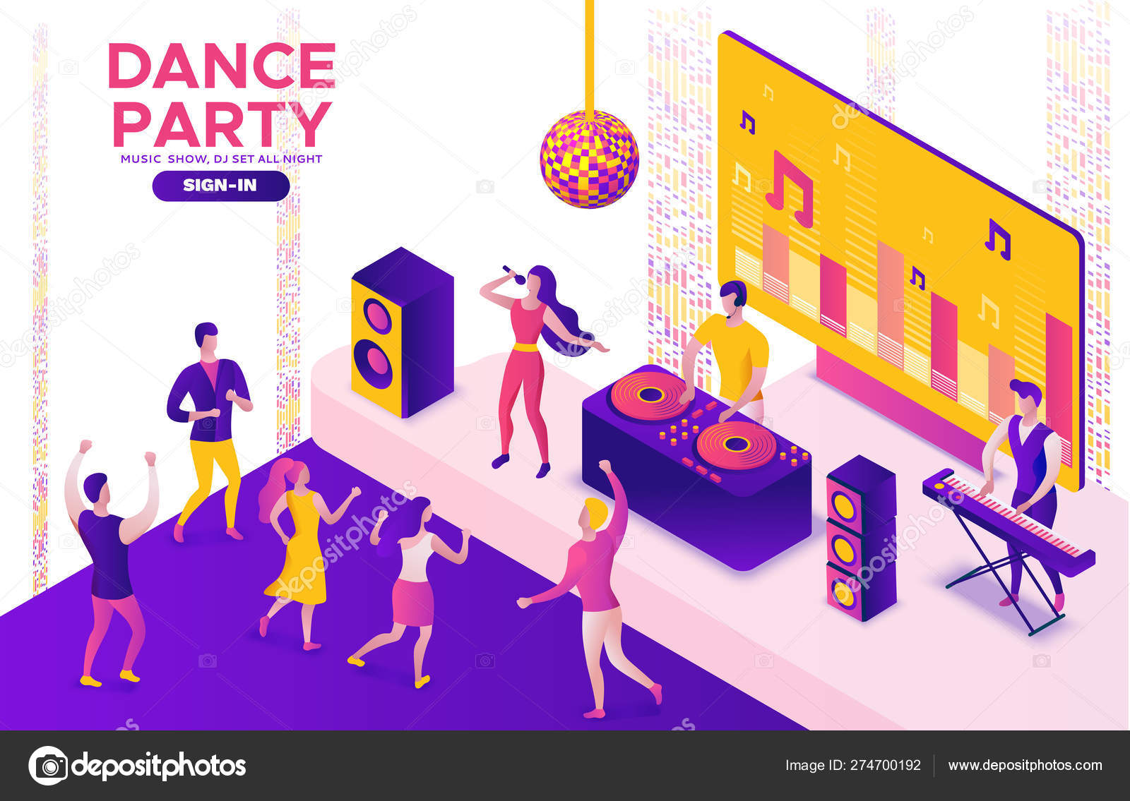 Party isometric concept, dj playing club disco music, 3d vector  illustration, dancing people, nightclub, dance music, holiday event poster,  corporate gig, violet, yellow, pink, clubbing cartoon men Stock Vector  Image by ©Nadine_C #