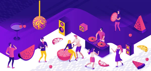 Party isometric concept, dj playing club disco music, 3d vector illustration, dancing people, nightclub, dance music, holiday event poster, corporate gig, violet, yellow, pink, clubbing cartoon men — Stock Vector