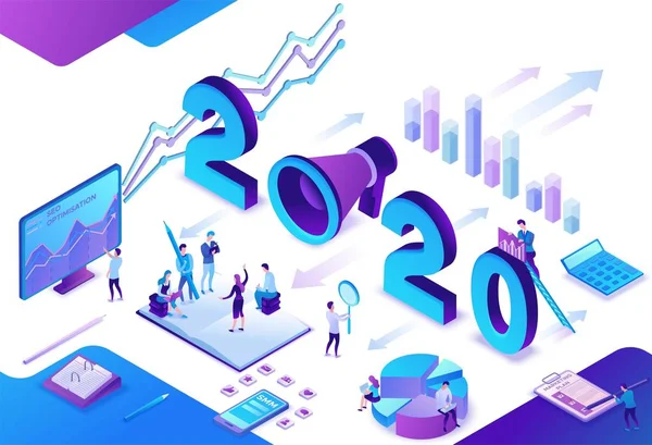 2020 plano de marketing ano, mídia social isométrica 3d infográfico estratégia, conceito de campanha de promoção, as pessoas em trabalho em equipe analisar o relatório de conteúdo do site, publicidade banner vector ilustração — Vetor de Stock