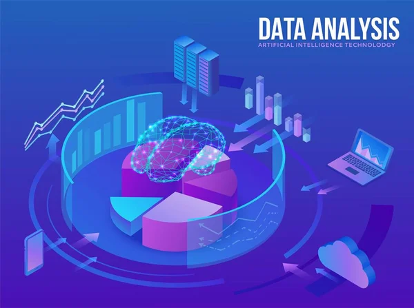 Concepto de inteligencia artificial, centro de análisis de datos inteligente, icono del cerebro, tecnología digital en finanzas, servidor, red informática, símbolo de nube, gran ilustración isométrica de investigación, fondo 3d — Vector de stock