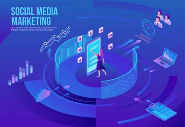Sosyal medya pazarlama konsepti, 3d izometrik infografik tanıtım kampanyası, online dijital teknoloji, iş adamları hedef kitle, içerik planı, seo optimizasyonu vektör illüstrasyon analiz