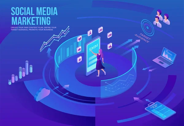 Social media marketing concept, 3d isometric infographic promotion campaign, online digital technology, business people analyze target audience, content plan, seo optimisation vector illustration