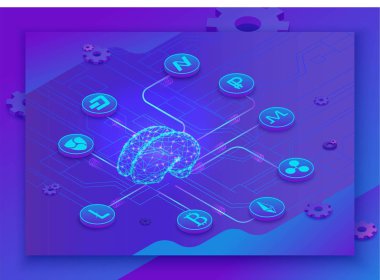 Blockchain'de yapay zeka, izometrik 3d beyin, sunucu ve dijital para simgeleri ile açılış sayfası, gelecekteki teknolodji ve sanal kriptopara ödeme konsepti, vektör çizimi