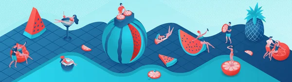 Pool party isometric 3d illustration with cartoon people in swimsuit, drinking cocktail, relax, recreation spa concept, horizontal banner, watermelon, orange, summer event background, leisure time