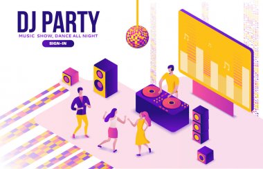 Parti izometrik kavramı, dj oyun kulübü disko müzik, 3d vektör illüstrasyon, dans insanlar, gece kulübü, dans müziği, tatil olay afiş, kurumsal konser, menekşe, sarı, pembe, clubbing karikatür erkekler