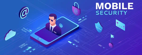 Smartphone Security concept, gegevensbescherming, cybercriminaliteit, 3D Isometrische vector illustratie, vingerafdruk, phishing scam, informatie bescherming, mobiele veiligheid — Stockvector
