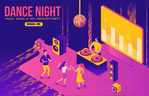 Parti izometrik kavramı, dj oyun kulübü disko müzik, 3d vektör illüstrasyon, dans insanlar, gece kulübü, dans müziği, tatil olay afiş, kurumsal konser, menekşe, sarı, pembe, clubbing karikatür erkekler