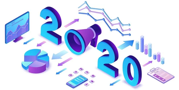 План маркетинга на 2020 год, изометрическая 3d инфографическая стратегия социальных сетей, концепция рекламной кампании, анализ контента сайта, векторная иллюстрация рекламных баннеров — стоковый вектор