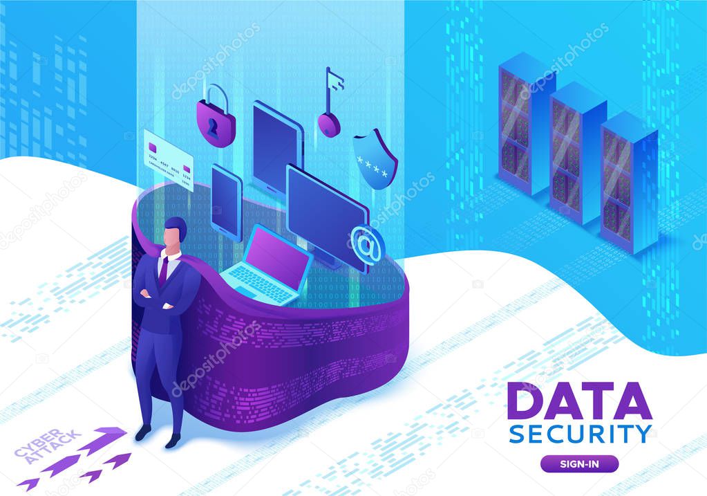 Data protection concept, cyber security 3d isometric vector illustration, firewall attack, phishing scam, information safety , laptop, computer, bank card