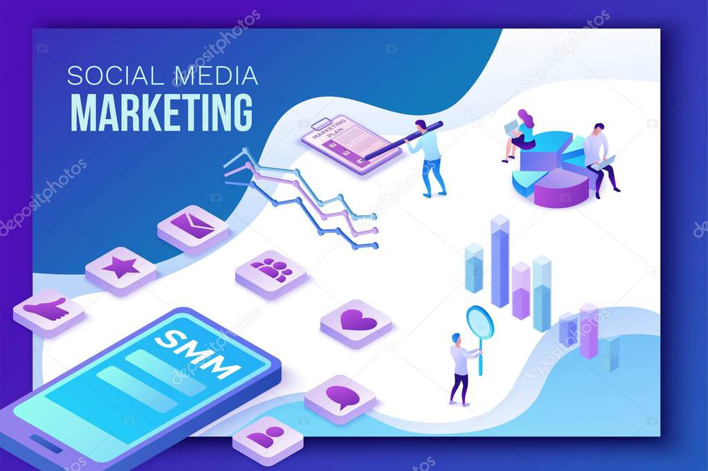 Social media marketing concept, 3d isometric infographic promotion campaign, online digital technology, business people analyze advertising report, content plan, seo optimisation vector illustration