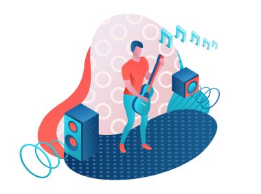 Gitar çalar 3D izometrik İnfografik illüstrasyon, festivalde rock müziği oynayan adam, konser gösterisi poster şablonu, renk simgesi