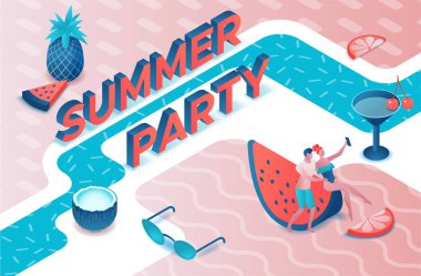 Mayo, İçecek kokteyl, dinlenmek, DJ, müzik, rekreasyon Spa kavramı, karpuz, turuncu, yaz olay arka plan, boş zaman karikatür insanlarla havuz parti izometrik 3D illüstrasyon