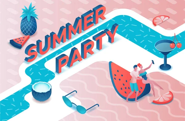 Pool party isometric 3d illustration with cartoon people in swimsuit, drinking cocktail, relax, dj, music, recreation spa concept, watermelon, orange, summer event background, leisure time