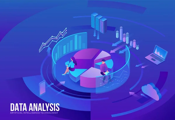 Centro de análise de dados, os empresários analisam diagrama, análise de kpi, tecnologia digital em finanças, conceito de inteligência artificial, grande pesquisa ilustração isométrica, trabalho em equipe fundo 3d — Vetor de Stock