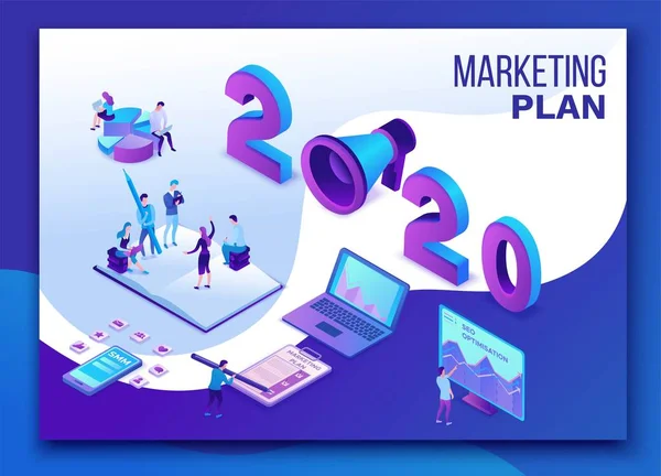 2020 year marketing plan, social media isometric 3d infographic strategy, promotion campaign concept, people in teamwork analyze website content report, advertising banner vector illustration