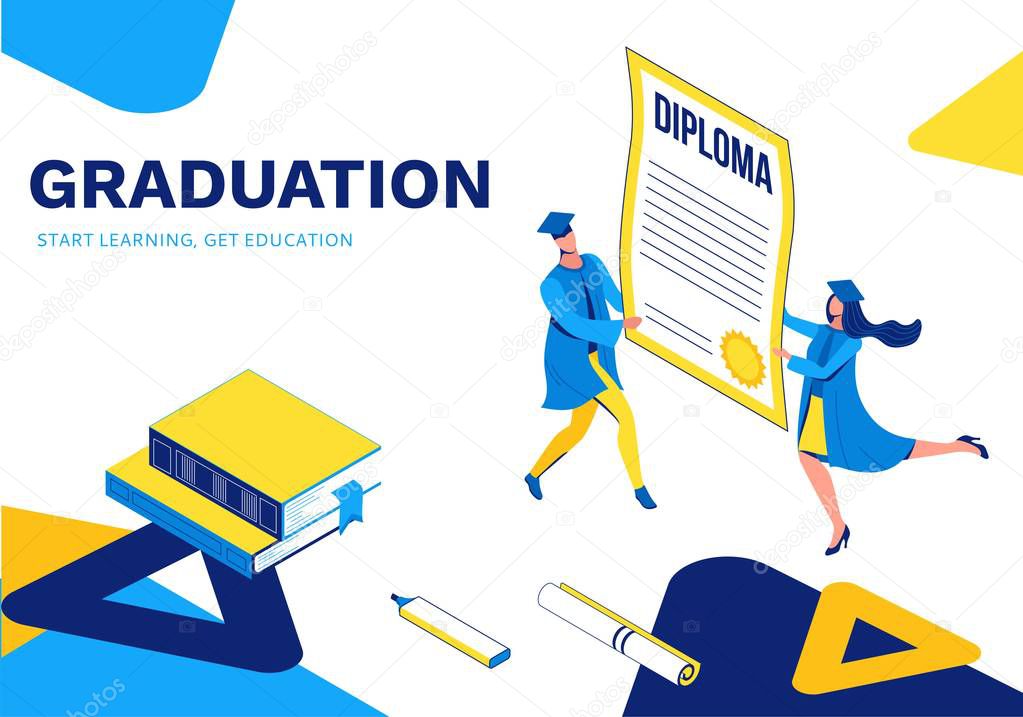 Graduation isometric illustration, 3d landing page with graduates holding diploma, cartoon character with certificate, success concept, highschool or college party, school boy and girl, blue, yellow