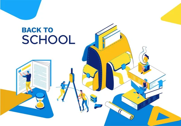 Volver a la landing page isométrica de la escuela, aprendizaje conjunto de personas, estudiantes 3d leer libro, biblioteca, aprender lección, concepto de clase, mochila, alumno de la universidad, azul, amarillo, papelería, personajes creativos modernos — Archivo Imágenes Vectoriales