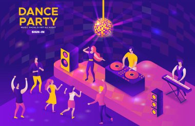 Parti izometrik kavramı, dj oyun kulübü disko müzik, 3d vektör illüstrasyon, dans insanlar, gece kulübü, dans müziği, tatil olay afiş, kurumsal konser, menekşe, sarı, pembe, clubbing karikatür erkekler
