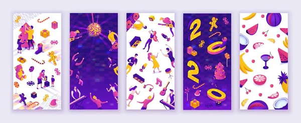 Conjunto de vectores de historias de redes sociales, plantillas de diseño de historia, fondos, antecedentes de gente de fiesta para banner, tarjeta de felicitación de año nuevo 2020, póster de la familia de Navidad, diseño de fondo de pantalla de historia móvil — Vector de stock