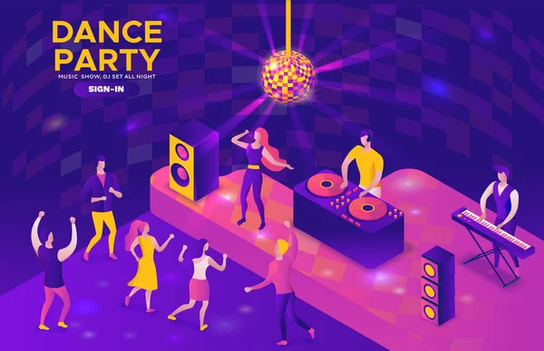 Party isometric concept, dj playing club disco music, 3d vector illustration, dancing people, nightclub, dance music, holiday event poster, corporate gig, violet, yellow, pink, clubbing cartoon men — Stock Vector