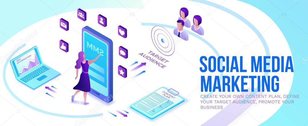 Social media marketing concept, 3d isometric infographic promotion campaign, online digital technology, business people analyze advertising report, content plan, seo optimisation horizontal banner