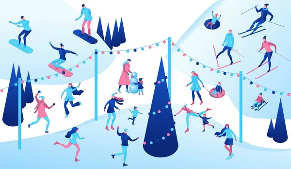 Winter isometric people set, 3d vector sport family ice skating, skiing, snowboarding, playing snowballs, simple skater, ski, tubing, riding at mountain, outdoor snow games, cartoon characters — Stock Vector