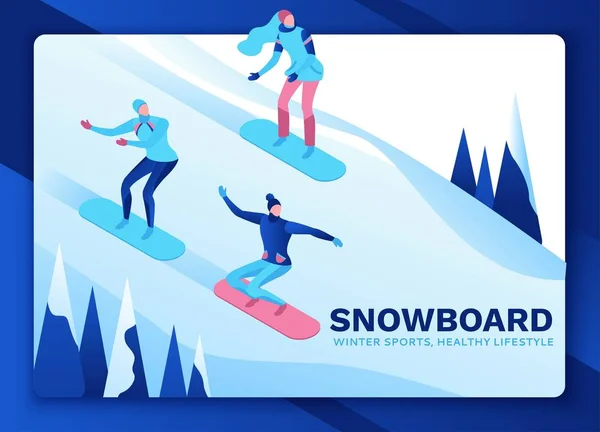 Snowboard isometric people set on landing page, 3d winter vector sport man snowboarding, riding on mountain, simple outdoor snow games, cartoon characters, ui, ux design