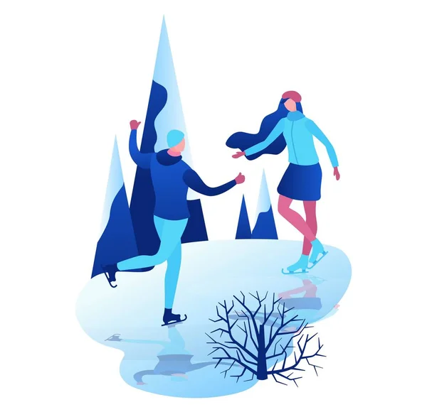 Ice skating couple, 3d isometric people, vector winter sport family, man and girl riding skate, simple skater, skating rink, outdoor snow games, minimal cartoon characters — Stock Vector