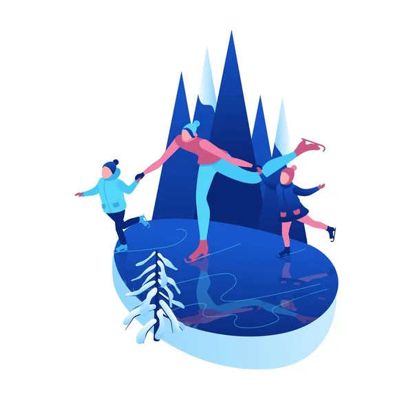 Ice skating isometric people, 3d vector winter sport family, christmas tree decorated, mother and kids playing and riding skate, simple skater, skating rink, outdoor snow games, cartoon characters — Stock Vector