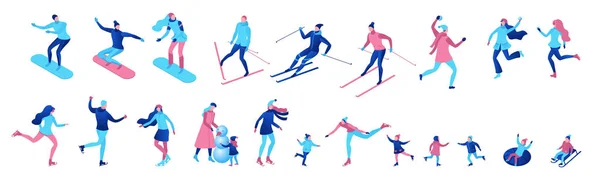 Isometrische winter mensen ingesteld geïsoleerd, 3D vector sport familie schaatsen, Skiën, snowboarden, sneeuwballen spelen, Kid op slee, Simple Skater, ski, tubing, buiten sneeuw games, stripfiguren — Stockvector