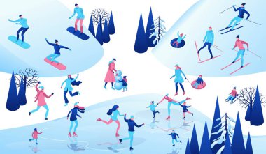 Kış izometrik insanlar seti, 3d vektör spor aile buz pateni, kayak, snowboard, kartopu, basit patenci, kayak, tüp, dağda sürme, açık kar oyunları, çizgi film karakterleri oynarken