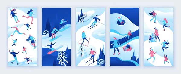 Набор векторных историй в социальных сетях, шаблоны историй, фоны, зимние изометрические люди, семейное катание на коньках, катание на лыжах, сноуборде, игра в снежки, мобильные обои — стоковый вектор