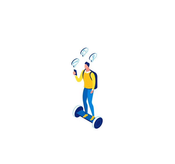 Homme sur gyroboard, apprentissage en ligne concept isométrique 3d,, téléphone portable, technologie de l'éducation numérique, étude à distance, cours sur Internet, bleu, illustration en ligne jaune — Image vectorielle