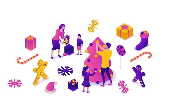 Nieuwjaar 2020 isometrische 3D illustratie, familie vieren winter vakantie partij, kerst concept, ouders, kinderen versieren boom, presenteren, cartoon mensen samen, Violet, roze, gele kleur — Stockvector