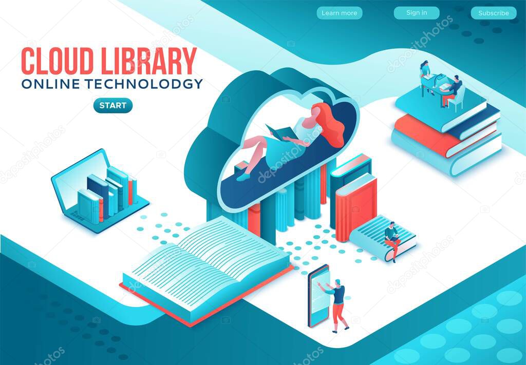 Online library isometric landing page, people read books on laptop, smartphone, gadgets, cloud computing technolodgy, website template design