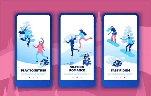 Romantiskt par snowboard tillsammans, mobil app mall set, vertikal layout, ui design, skridskoåkning enkel familj, isometriska minimal människor illustration, vektor vinter sport, skridskobana — Stock vektor