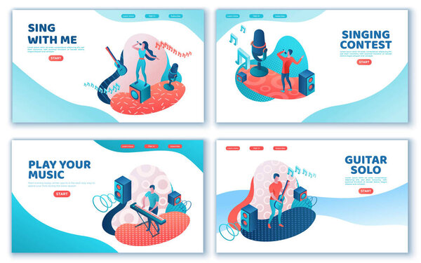 Singer 3d isometric landing page set, girl singing with microphone, trendy geometric patterns, music band artists, jazz fesival, cartoon collection of musical people, blue and coral color
