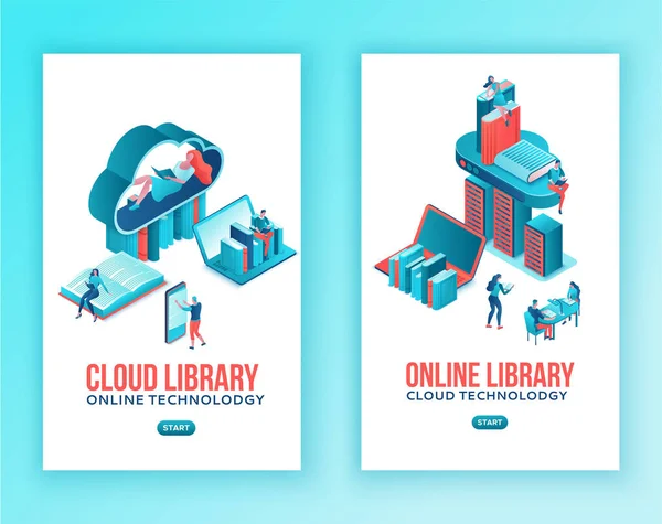 Library online isometric , cloud computing mobile template set, people read books on laptop, smartphone, gadgets, modern technolodgy, vertical layout — Wektor stockowy