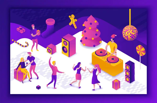 Silvesterparty 3d isometrische Illustration, DJ spielt Disco-Musik, Menschen tanzen, Weihnachtsbaum, Geschenk, Urlaubsposter, Nacht Winter Event Vektor-Konzept, violett, gelb, rosa Farben — Stockvektor