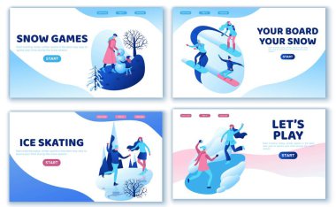 Kış sporları iniş sayfası şablonu, snowboard, insanlar birlikte, ui tasarım düzeni, basit aile buz pateni, izometrik asgari insan çizimi, vektör sporu, buz pateni pisti, tüp,