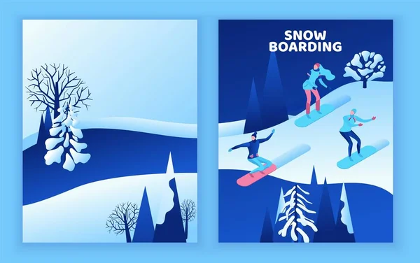 Snowboard greeting card, isometric people set , 3d winter vector sport man snowboarding, woman riding on mountain, simple outdoor snow games, cartoon characters, modern minimal design