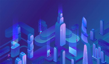 Akıllı şehir fütüristik şehir vektör ilüstrasyonu, gece neon gökdeleni, gelecek trend konsepti, modern iş merkezi, şehir manzarası, gradyan renk tasarımı, ofis binası, insanlar, cihazlar.