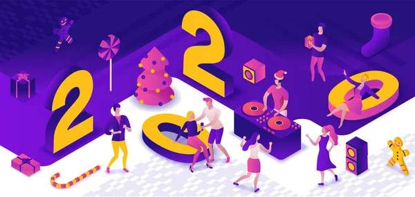 Νέο έτος κόμμα 3D ισομετρική απεικόνιση, DJ παίζοντας κλαμπ ντίσκο μουσική, άνθρωποι που χορεύουν, χριστουγεννιάτικο δέντρο, παρόν, αφίσα διακοπών, νύχτα χειμώνα εκδήλωση διάνυσμα, βιολετί, κίτρινο, ροζ χρώματα — Διανυσματικό Αρχείο
