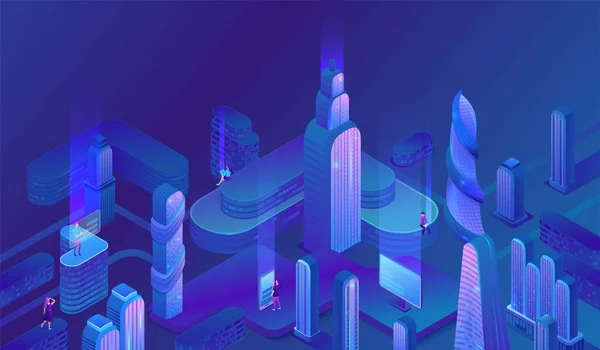 Chytré město futuristické izometrické město vektorové ilustrace, noční neonový mrakodrap, budoucí trendy koncept, moderní obchodní centrum, městská krajina, gradient barevný design, kancelářské budovy, lidé, gadgets — Stockový vektor