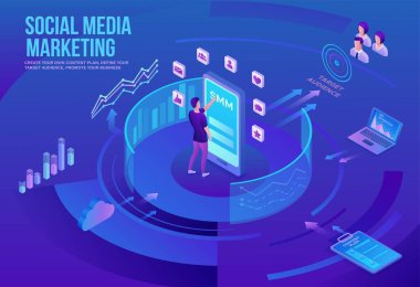 Sosyal medya pazarlama kavramı, 3D izometrik İnfografik promosyon kampanyası, online dijital teknoloji, iş insanları analiz reklam raporu, içerik planı, SEO optimizasyonu vektör illüstrasyon