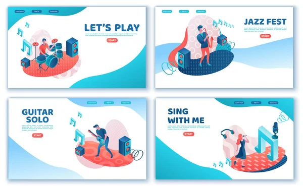 Zanger 3d isometrische landing page set, meisje zingen met microfoon, trendy geometrische patronen, muziek band artiesten, jazz fesival, cartoon collectie van muzikale mensen, blauw en koraal kleur — Stockvector