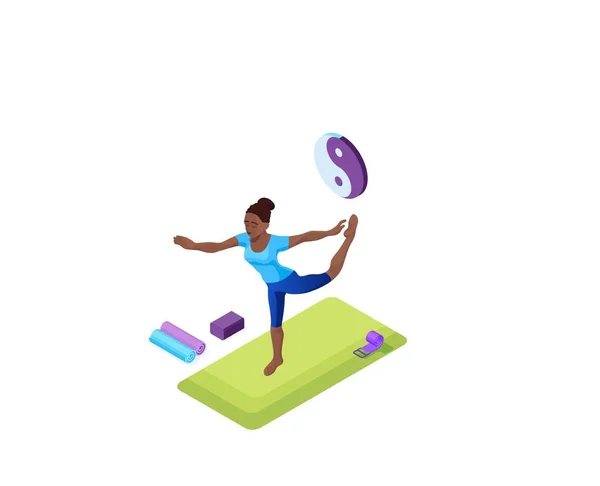 Αρχική γιόγκα με την αφρικανή γυναίκα που κάνει σωματική άσκηση γυμναστικής, ισομετρική 3d ισομετρική διανυσματική απεικόνιση με αθλητική εκπαίδευση, χαλάρωση και διαλογισμό στο χρόνο καραντίνας και περίοδο απομόνωσης — Διανυσματικό Αρχείο
