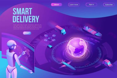 Kamyonu olan Isometric dağıtım hizmeti, akıllı lojistik şirketi çizimi, yapay zeka işleme ulaşım sistemi, harita, uçak, araba, iniş sayfası şablonu olan robot izleme ekranı